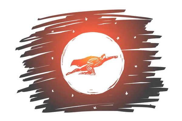 Super-herói desenhado à mão voando na frente da Lua —  Vetores de Stock