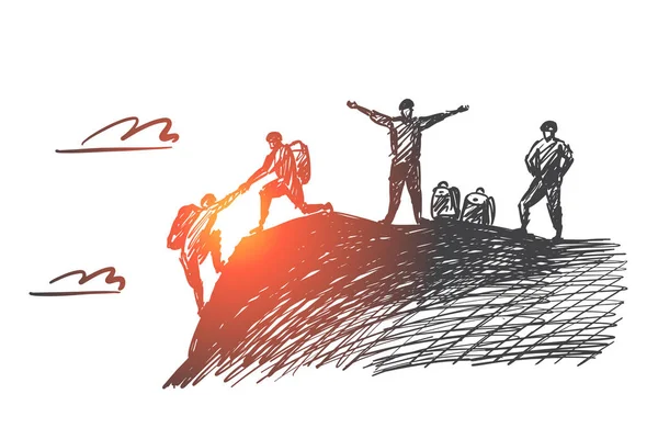 Yukarı tırmanmaya yardım insanlar el çekilmiş