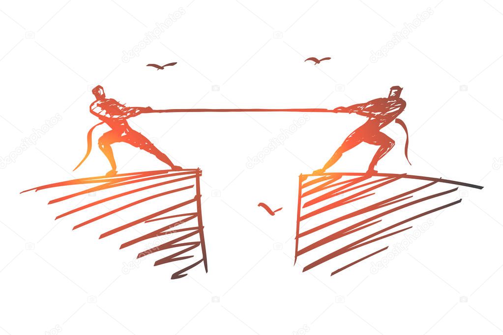 Hand drawn people dragging rope to different sides