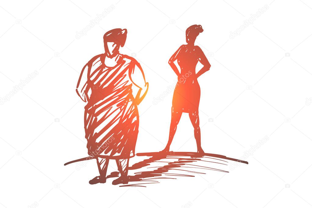 Hand drawn fat woman with her shadow as slim lady