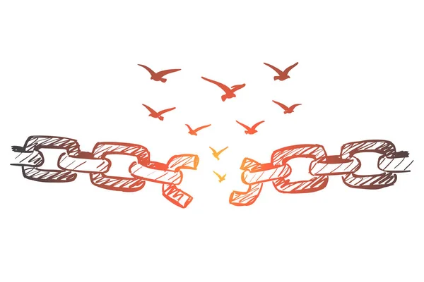 Cadena rota dibujada a mano y bandada de aves sobre ella — Vector de stock