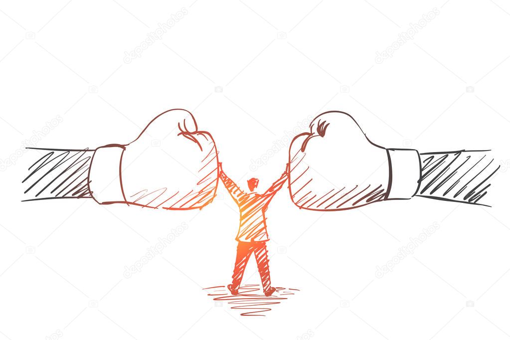 Hand drawn man standing between two human fists