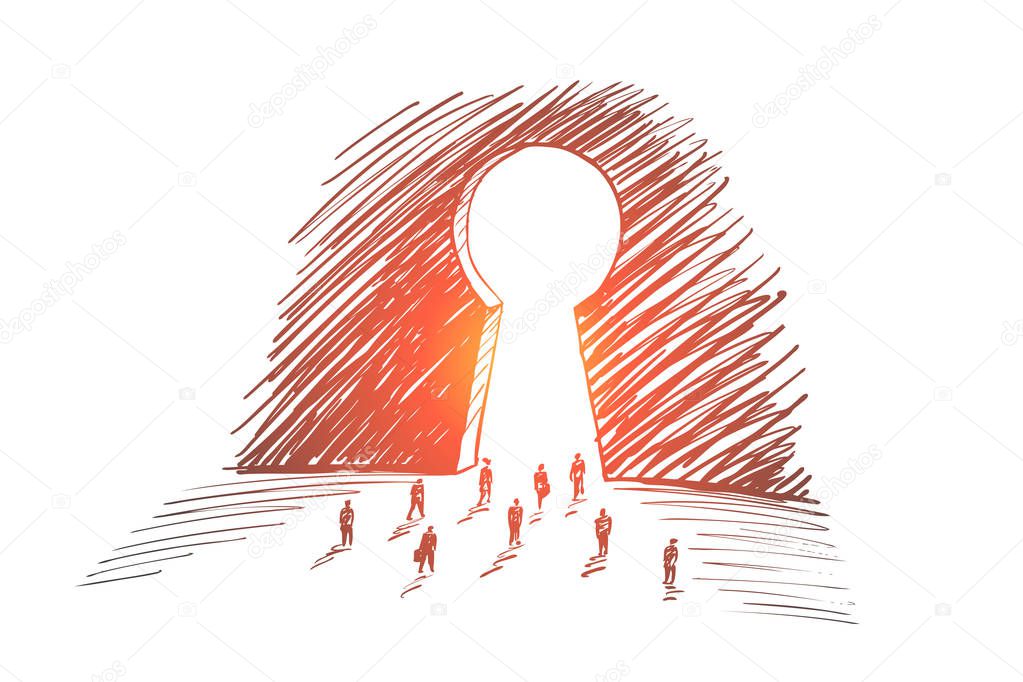 Hand drawn business people going to big keyhole