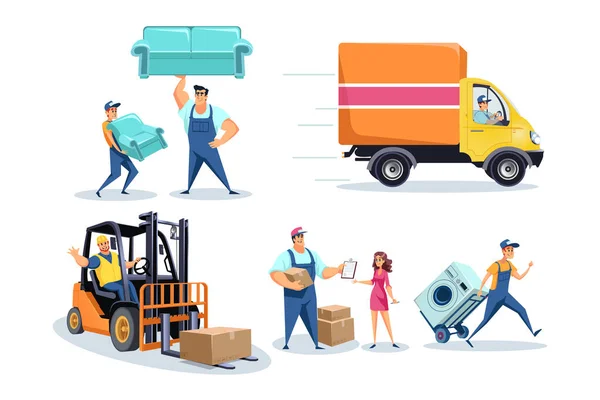 Taşınma evi, mobilya dağıtım işçileri, eşyaların taşınması konsepti.
