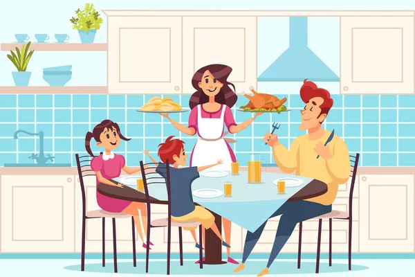 Семья с детьми, сидящие за обеденным столом, люди обедают вместе концепция — стоковый вектор