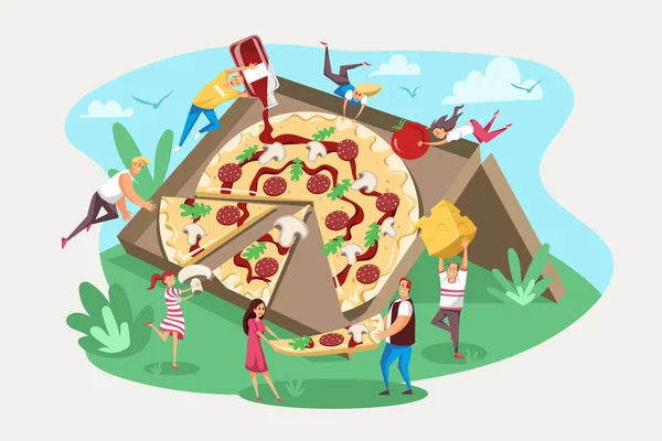 比萨，快餐，友谊小组，饿的概念. — 图库矢量图片
