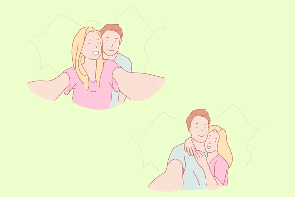 Couple d'amour selfie, photo de famille, concept de divertissement — Image vectorielle