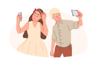 Akıllı telefon bağımlılığı, selfie takıntısı, moda yaşam tarzı konsepti