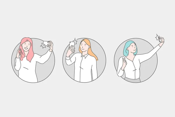 Selfie, mulheres jovens tirando fotos em vários conceitos poses — Vetor de Stock