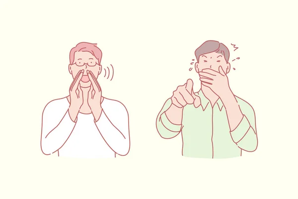 Hombres gritando y riendo, concepto de emoción positiva y negativa — Vector de stock