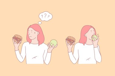 Yiyecek seçimi, sağlıklı ve sağlıksız beslenme, elma ve hamburger konsepti