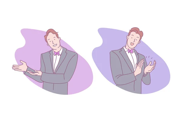 Lenguaje de señas, invitación a entrar, aplausos, aplausos, concepto animador — Archivo Imágenes Vectoriales