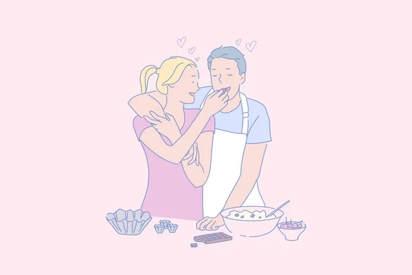 Familie vrijetijdsbesteding, koken dessert samen, positieve emotie concept — Stockvector