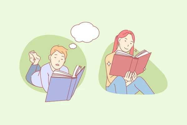 Čtení dětí, literatura, studium, koncepce myšlenkových bublin — Stockový vektor