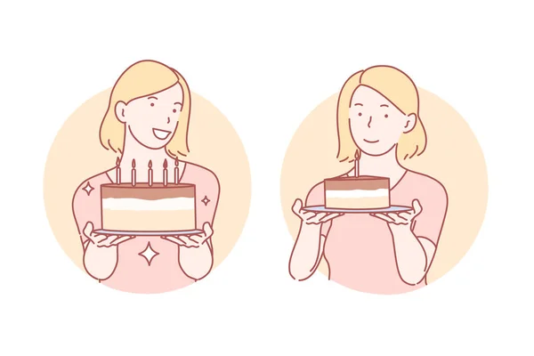 Συγχαρητήρια, τούρτα γενεθλίων έννοια σετ — Διανυσματικό Αρχείο