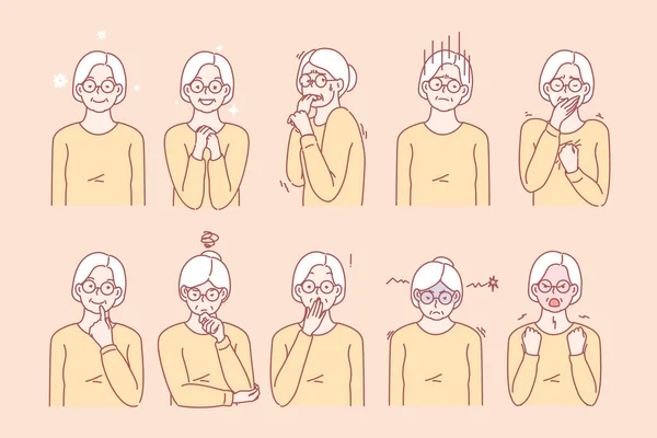 Old age womans emotions and facial expressions — 스톡 벡터