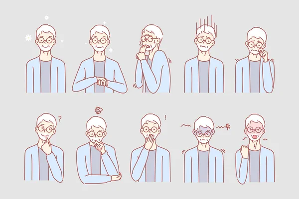 Old age mans emotions and facial expressions — Stock Vector