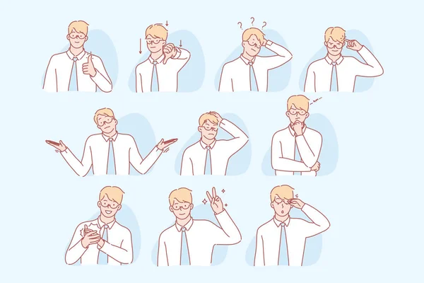 Businessmans gestures and facial expresion set concept — Stock Vector