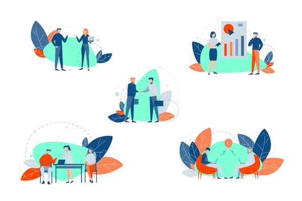 Trabajo en equipo, comunicación, coworking set concept — Vector de stock