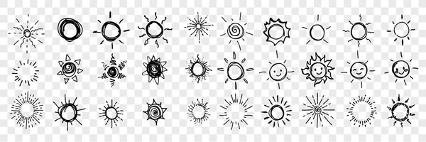 Bosquejo, sol dibujado a mano, estrellas colección conjunto — Archivo Imágenes Vectoriales
