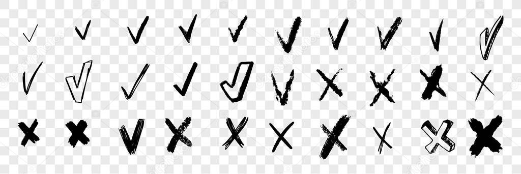 Brush hand drawn checkmarks and crosses doodle set collection