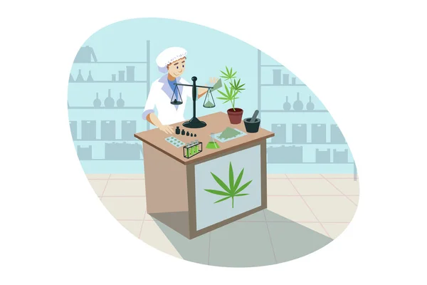 Marihuana, konopie indyjskie, badania medyczne, analiza, koncepcja leku. — Wektor stockowy
