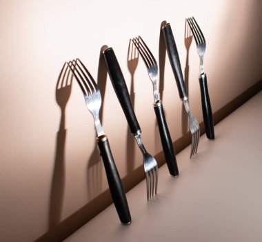 Çatallar duvarda duruyordu, aralarında büyük gölgeler vardı. Gümüş takımlar ve duvardaki gölgeler.