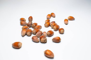 Beyaz arka planda vahşi fındıklar. Arka planda fındıklar kırılıp yenmeyi bekliyor..