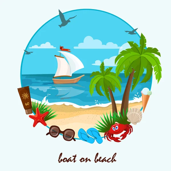 Boot op strand illustratie — Stockvector