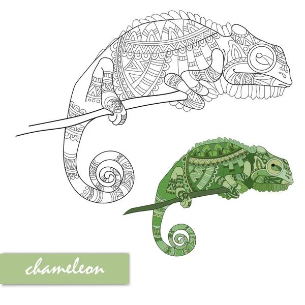 Chameleon met doodle patroon. Kleurplaat pagina - zendala, ontwerp voor ontspanning voor volwassenen, vectorillustratie, geïsoleerd op een witte achtergrond. vector — Stockvector