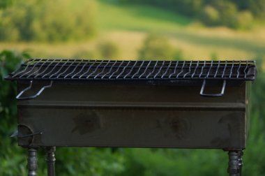 Taze yeşil yaz manzar önünde boş taşınabilir Barbekü ızgara