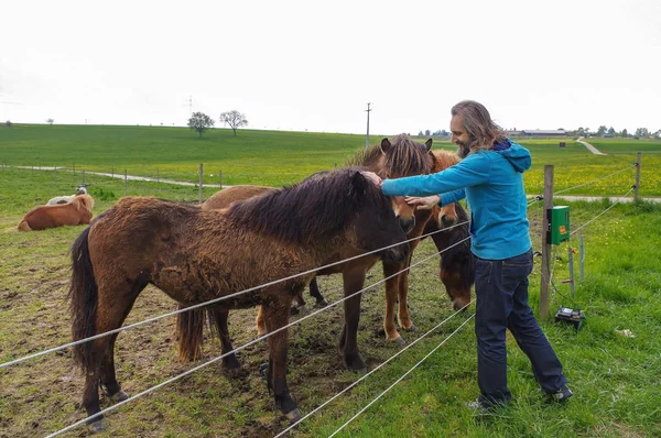 Muž s dlouhými vlasy krmení koně na louce — Stock fotografie