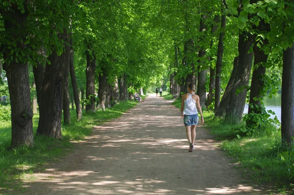 Vacker ung kvinna promenader i sommarparken — Stockfoto