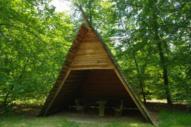 masa ve tezgah yeri bir orman içinde ahşap bower