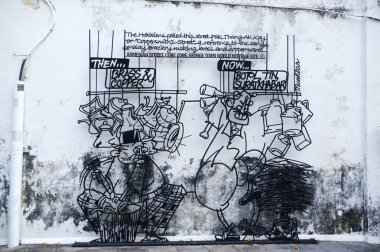 Georgetow, Penang, Malezya - 18 Nisan 2016: Çelik tel çubuk sanat George town alan mirası bölgesi çevresinde. Yerel sanatçı tarafından heykel.