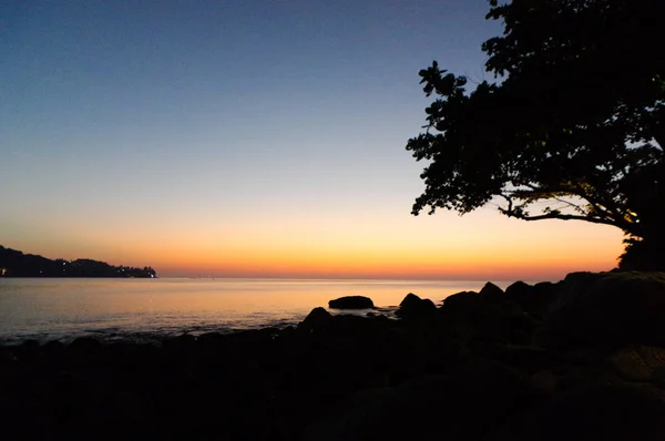 シルエットのパームやマングローブの木と、タイのプーケット島の海に沈む夕日 ロイヤリティフリーのストック画像