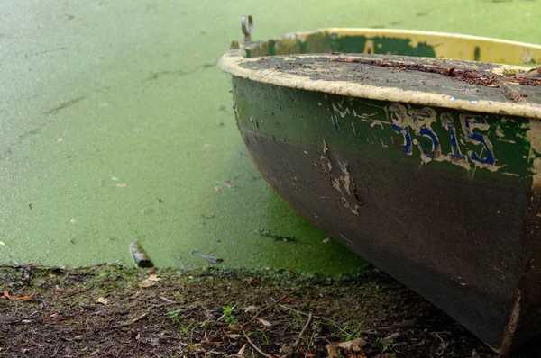 Delvis sjunkna förtöjda trä roddbåt med blad. — Stockfoto
