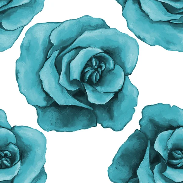 Seamless texture with blue roses. Oil painting style. Gentle flower background for your design. Repeating ornament. Tile pattern