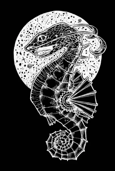 The body from Sea Horse, the head from snake. Strange fantastic creature. A fictional being. Fantasy illustration. Can be used like cover, background, tattoo.