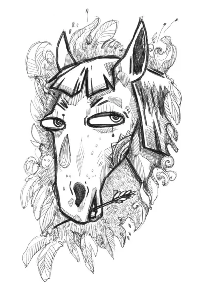 Doubtful horse. Illustration with horse. Hand drawn sketch. Can be used as print or idea for tattoo.