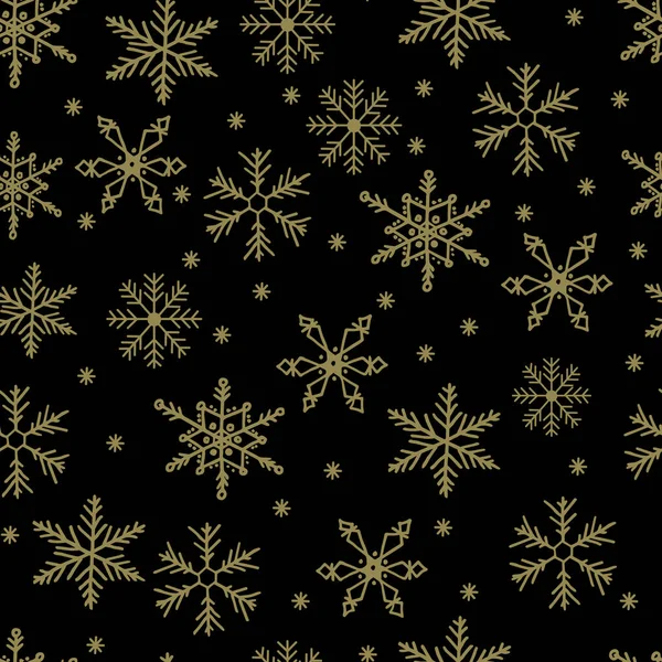 Sneeuwvlok eenvoudige vector naadloos patroon. Gouden sneeuw op zwarte achtergrond. Abstract behang en inpakversiering. Symbool van de winter, Vrolijk Kerstfeest, Gelukkig Nieuwjaar. — Stockvector