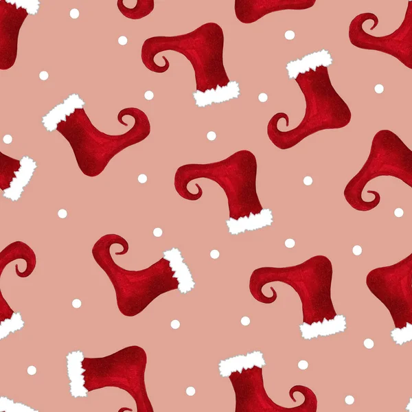 Christmas seamless pattern of cartoon red boots of Santa Claus on soft pink background. Hand drawn cartoon close-up illustration.