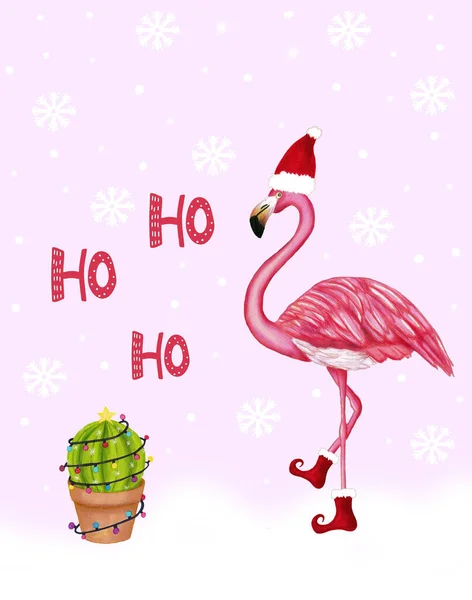 Winter flamingo in kerstmuts en schoenen. Vrolijk Kerstfeest en Gelukkig Nieuwjaar verticale wenskaart. Aquarel decoratie op zacht roze achtergrond. — Stockfoto