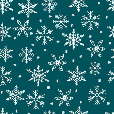 Kar taneleri basit vektörsüz desen oluşturur. Yeşil arka planda beyaz kar. Soyut duvar kâğıdı ve ambalaj dekorasyonu. Kışın sembolü, mutlu noeller, mutlu yeni yıl kutlamaları..