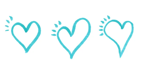 Set van lineart blauwe harten op wit. Leuke verkoop banner of wenskaart. Valentijnsdag concept achtergrond. Handgetekende illustratie. — Stockfoto