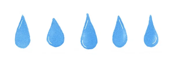 Set van 5 blauwe water druppels op wit. Creatief ontwerp voor behang, stof, achtergrond. Handgetekende illustratie. — Stockfoto
