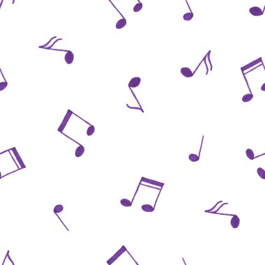 Beyaz, pürüzsüz desenli arka planda el çizimi mor notlar. Kumaş, tasarım, kartpostallar için dekoratif öge.