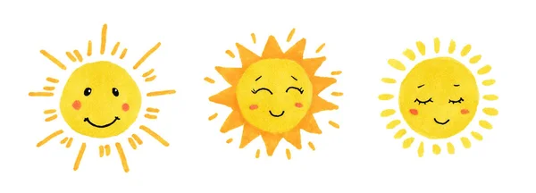 Handzeichnung niedlicher gelber Sonnen auf weißem Hintergrund. Element für Stoffdesign, Tapete, Babydesign, Postkarten. — Stockfoto