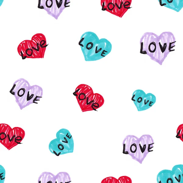 Leuke doodle stijl harten naadloos patroon. Valentijnsdag handgeschreven achtergrond. Marker tekende verschillende hartvormen en silhouetten. Handgetekende versiering. — Stockfoto