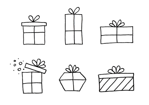 6 doğrusal basit hediye kutusu simgesi seti. Beyaz arka planda modaya uygun düz tasarım tarzı. El çizimi illüstrasyon. — Stok fotoğraf